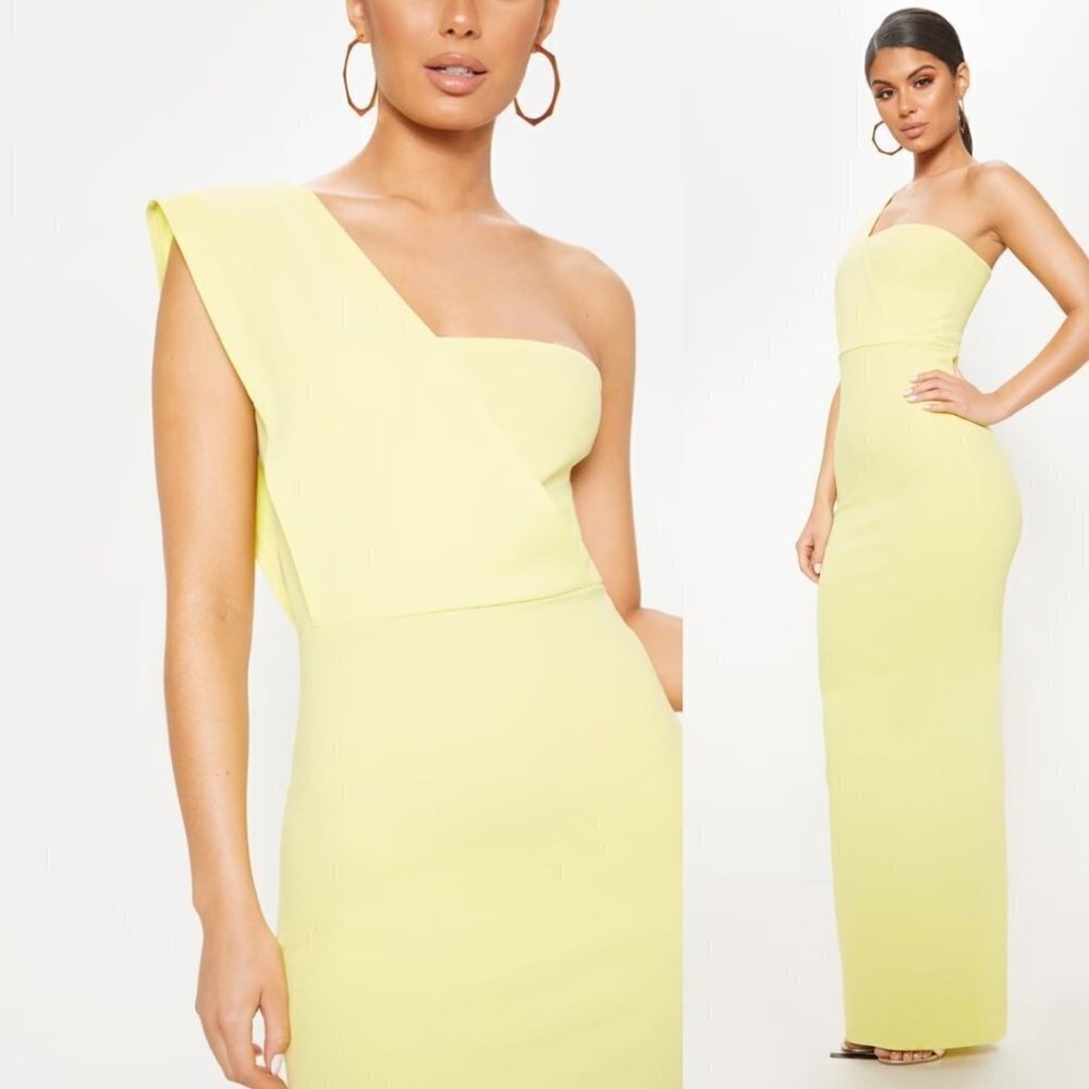 PrettyLittleThing Light Lime One Shoulder Maxi Gown Dress Back Slit Crepe - Picture 2 of 10